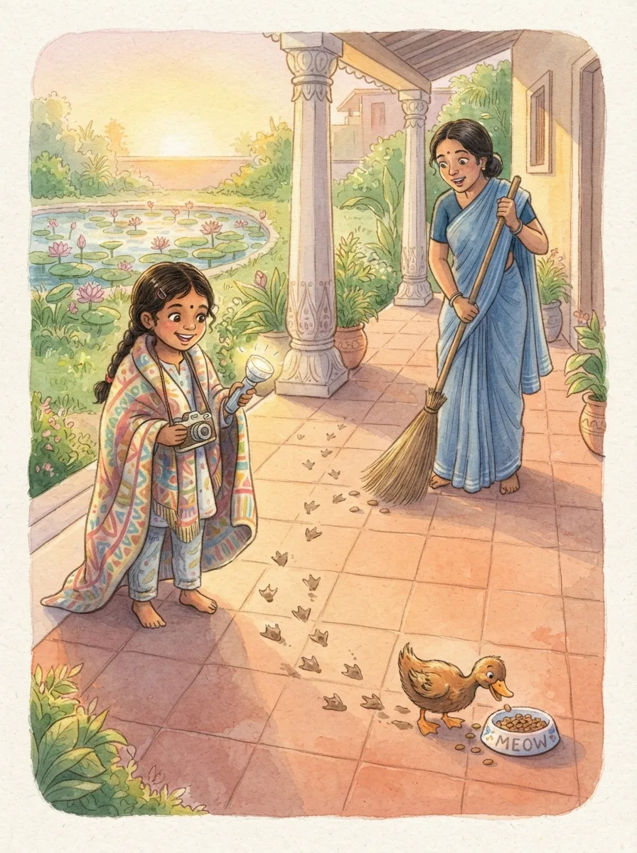 Detectives & Mystery: A trail of small muddy webbed footprints across a tiled verandah