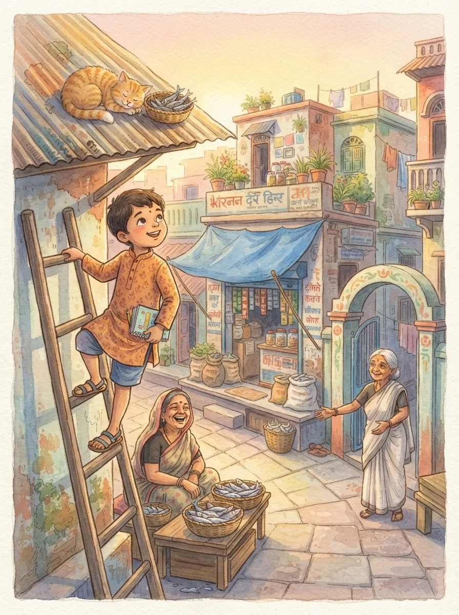Detectives & Mystery: An orange cat curled on a sunny tin roof beside a basket of dried fish