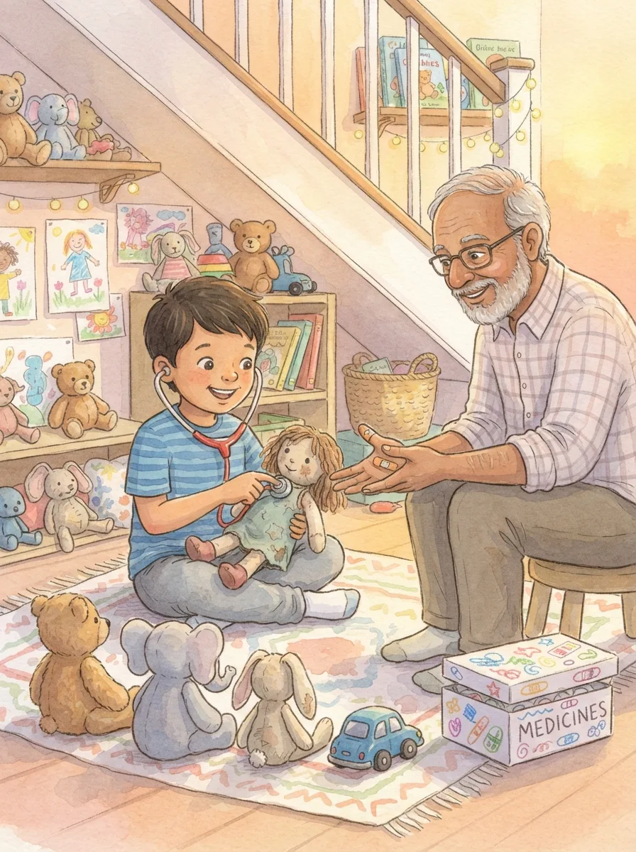 Doctors & Helpers: A cosy nook under a staircase set up as a toy clinic