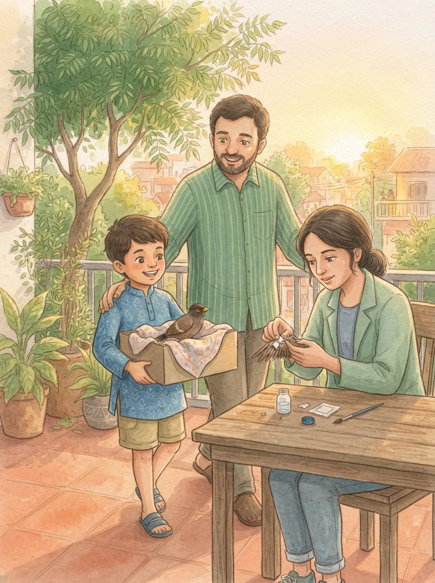 Doctors & Helpers: A small brown mynah bird in a shoebox lined with a soft cloth