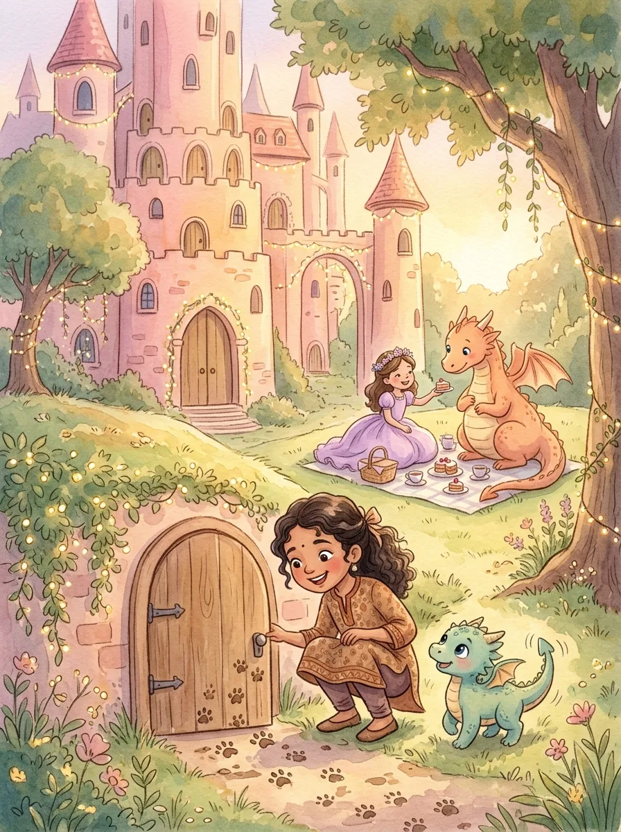 Dragons & Unicorns: A tall pink castle with hundreds of doors