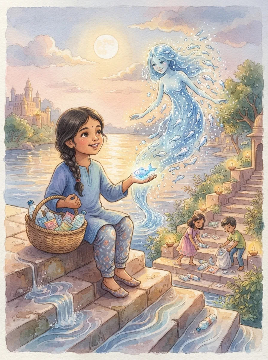Fairy Tales & Castles: A fairy made of shimmering water and silver fish rising from a river