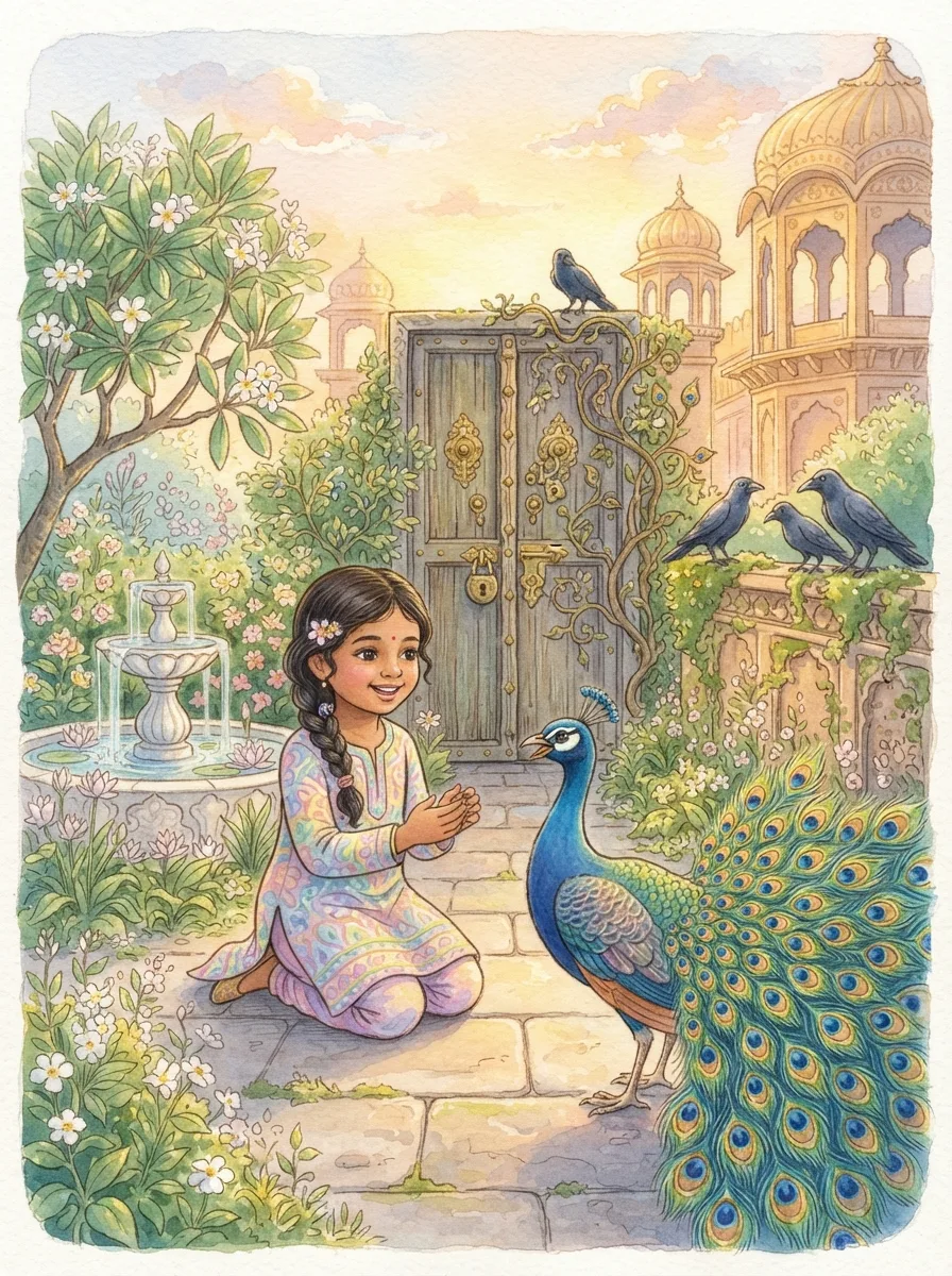 Fairy Tales & Castles: A peacock with a fanned tail of a hundred eyes speaking to a child