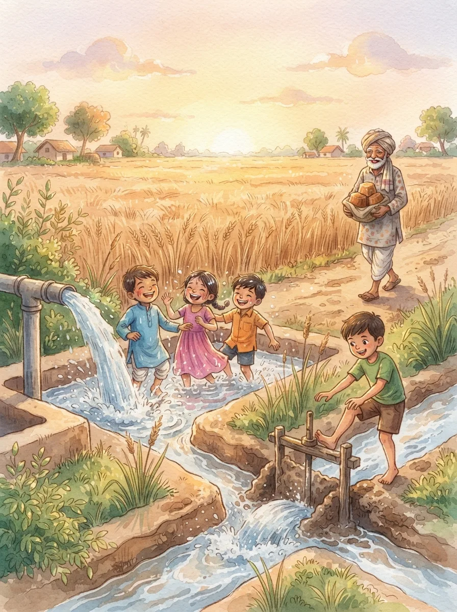 Farm & Village: A roaring tube well pipe pouring into a channel