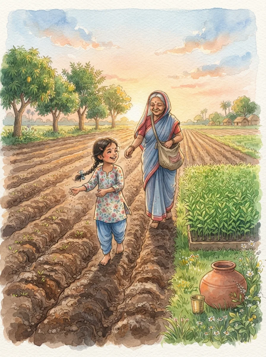 Farm & Village: A grandmother scattering seeds from a cloth bag