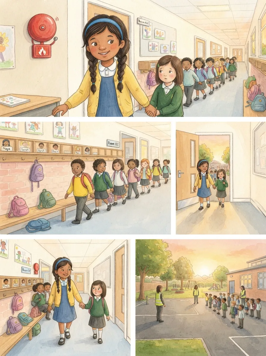 Firefighters & Rescue: A school corridor with children walking in a line with hands on the wall