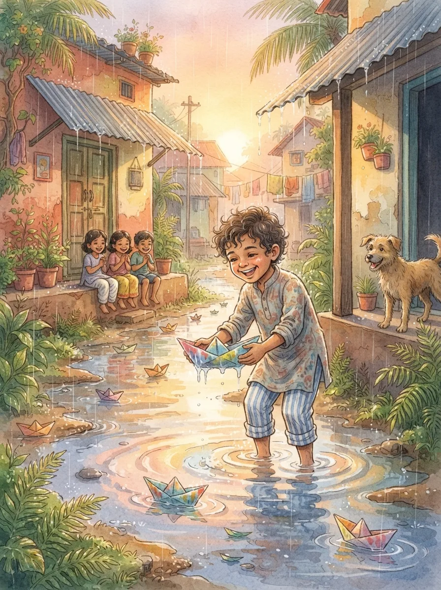 Monsoon & Weather: A flooded lane with paper boats floating