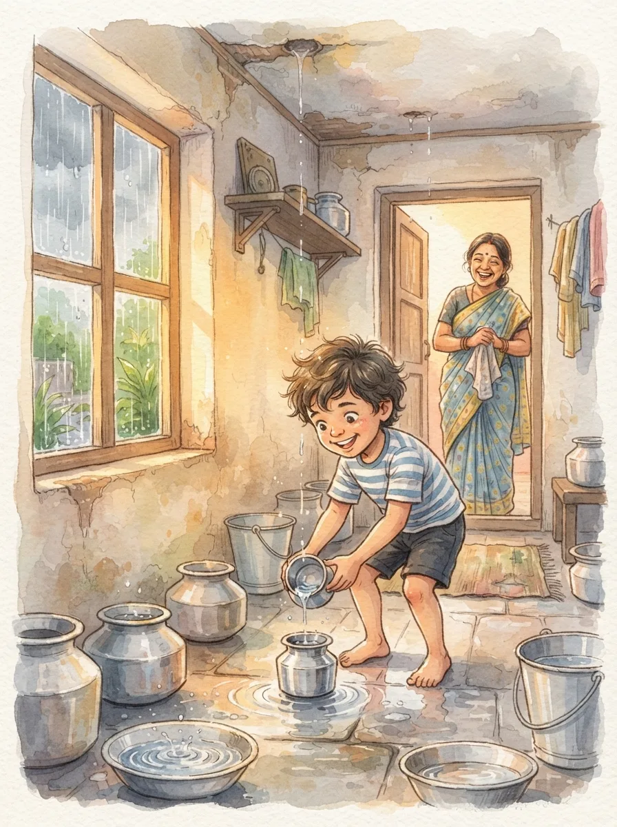 Monsoon & Weather: A small room with pots and buckets catching drips