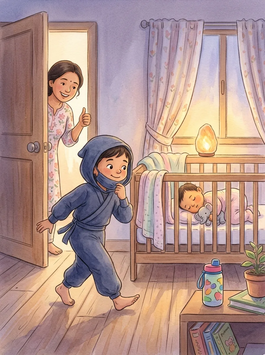 Ninjas & Spies: A dim bedroom with a sleeping baby in a cot