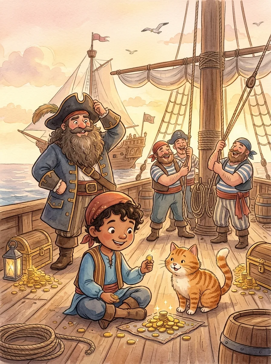 Pirates: A ship's deck stacked with small piles of gold coins