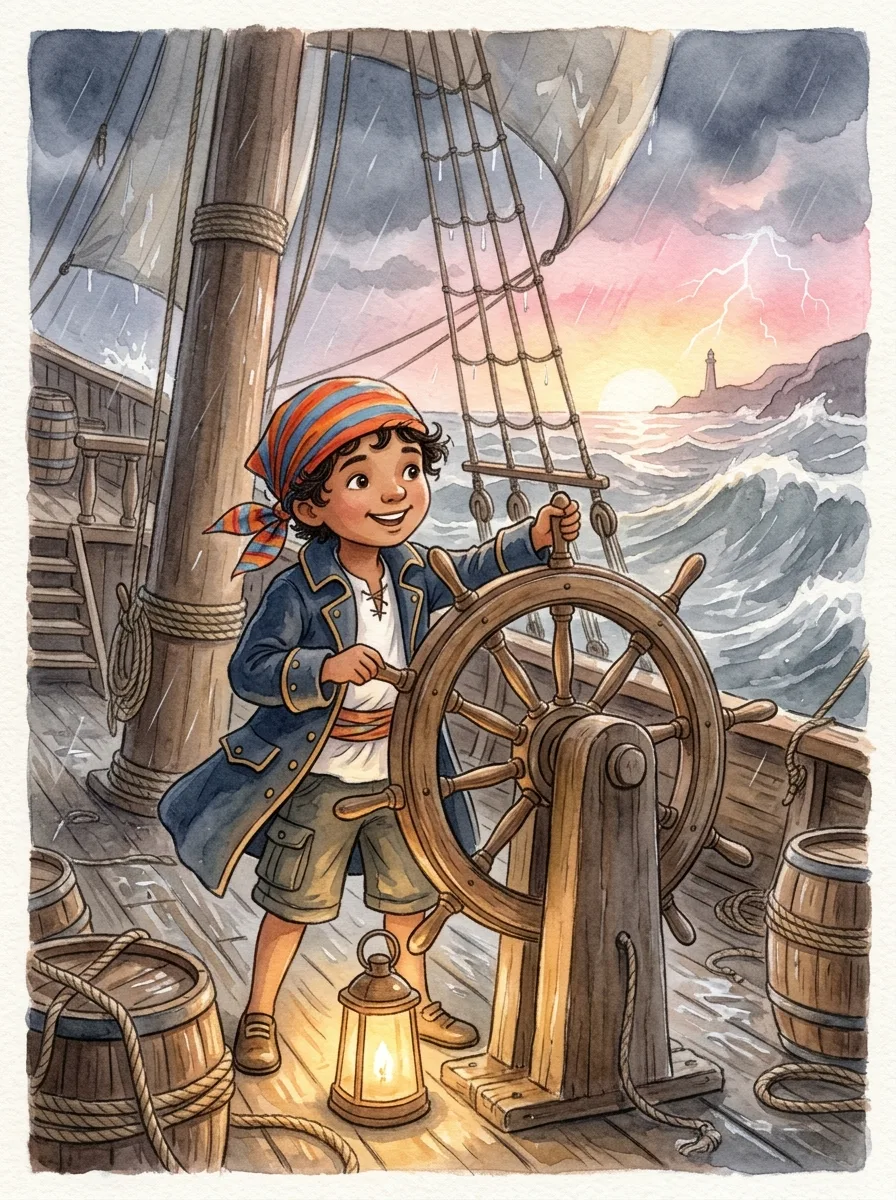 Pirates: A pirate ship tilting on big grey waves