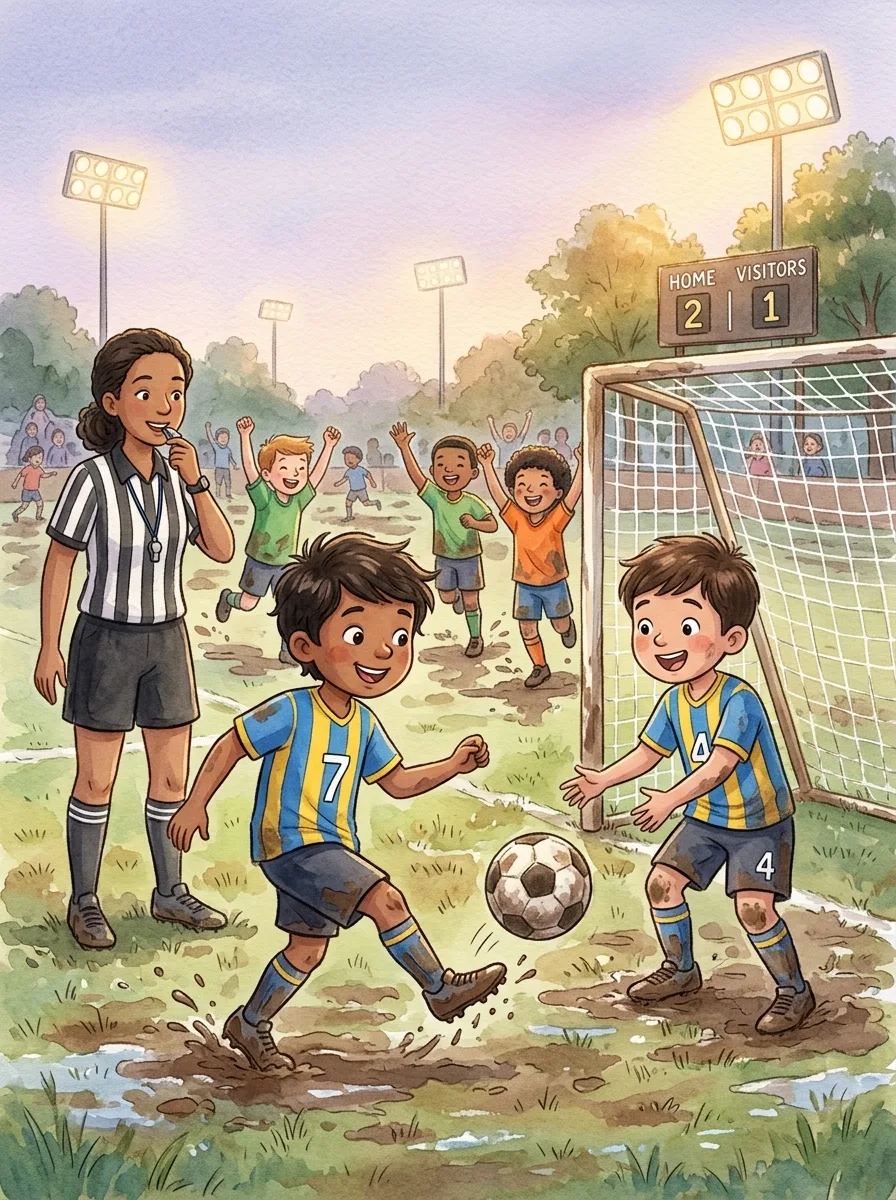 Sports & Racing: A muddy football field under floodlights