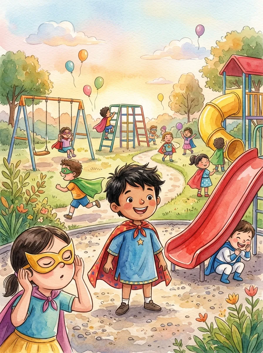 Superheroes: A busy playground with children in colourful hero costumes