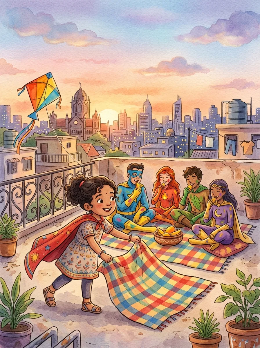 Superheroes: A city rooftop at sunset