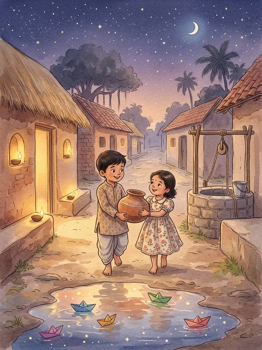 Time Travel: A village lane at dusk with oil lamps