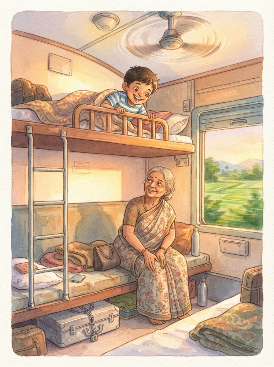 Trains & Railways: A child on an upper train berth looking down