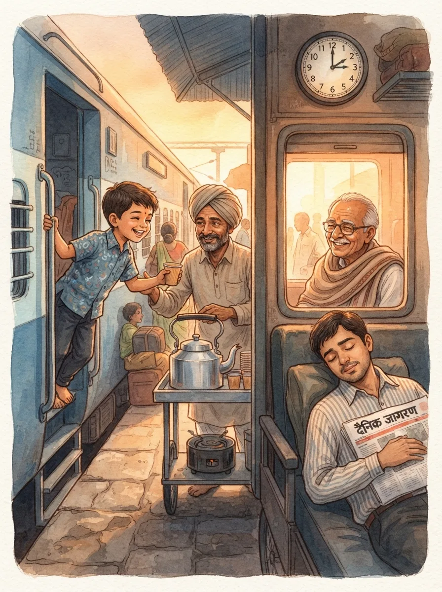 Trains & Railways: A chai-wallah with a big steel kettle on a dark platform