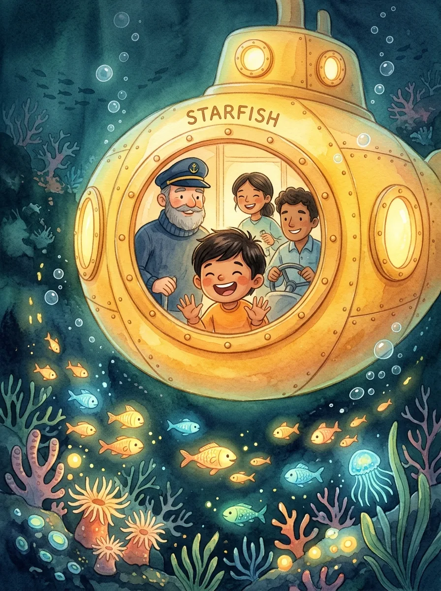 Underwater: A round yellow submarine with a big window