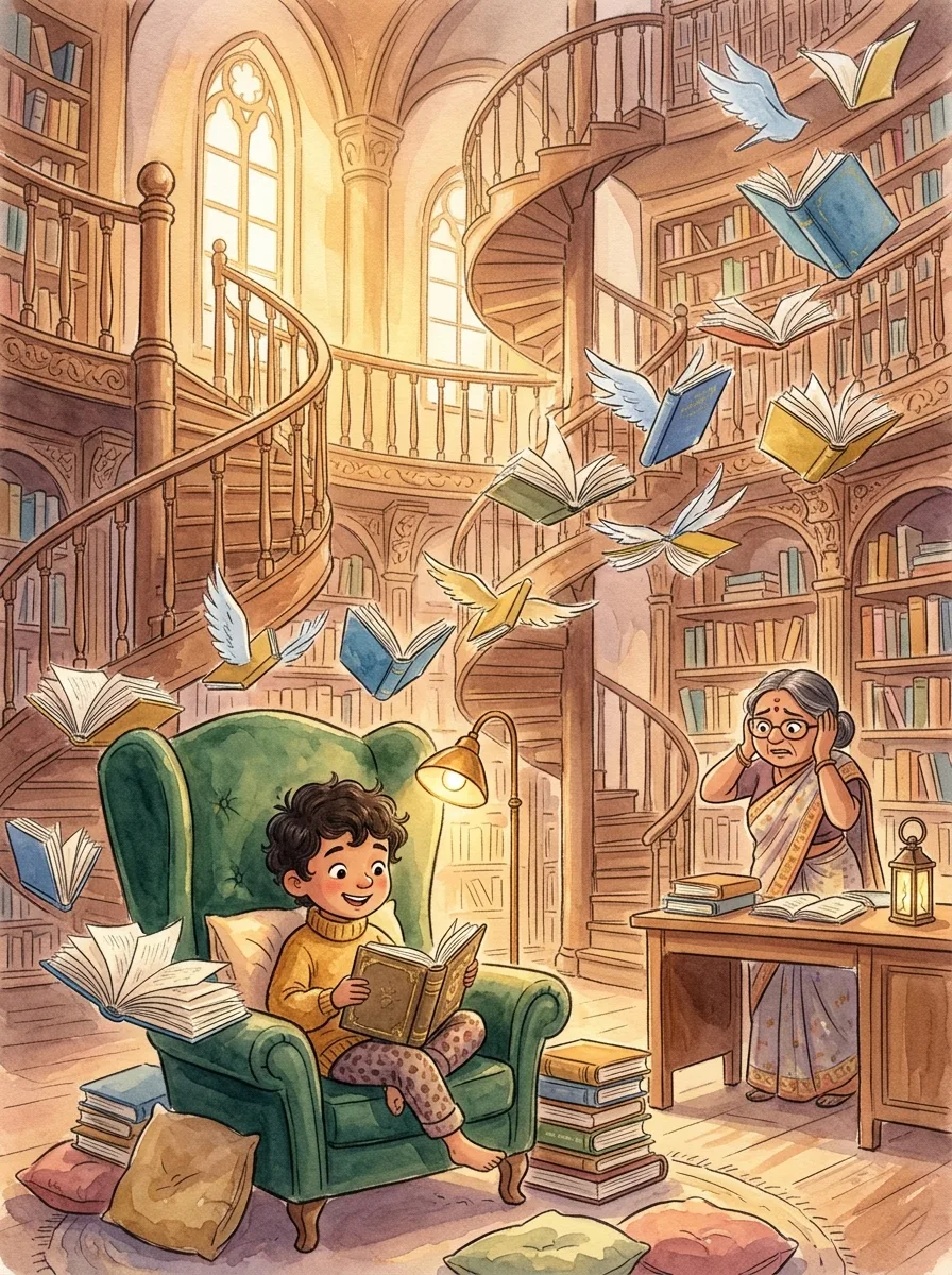Wizards & Magic: A towering library with spiral staircases