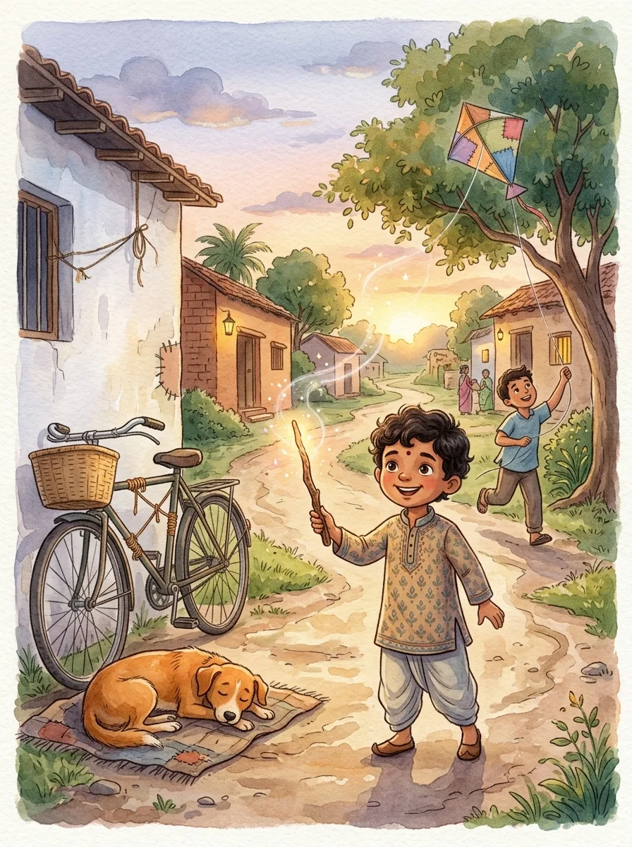 Wizards & Magic: A child holding a glowing wooden wand in a village lane