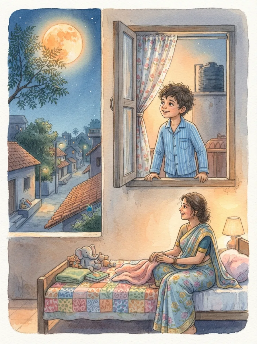 Bedtime & Sleep: A big orange moon over a rooftop water tank