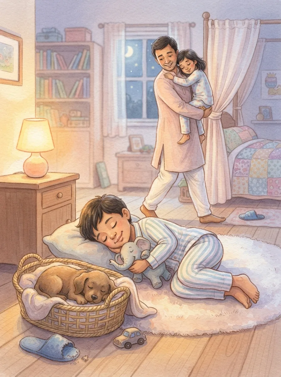 Bedtime & Sleep: A small brown puppy curled in a cane basket