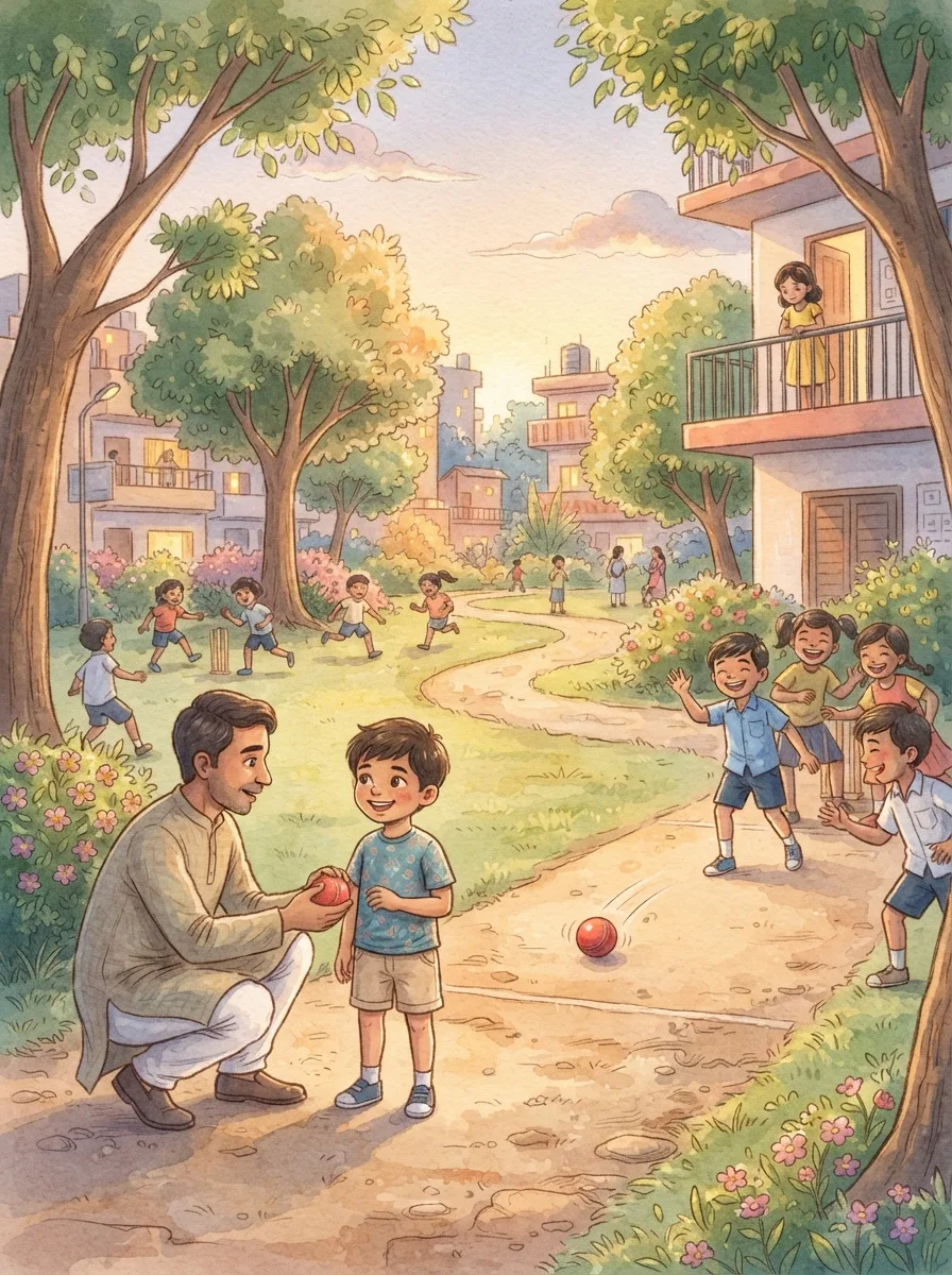 Being New & Shy: A colony park at evening with children playing