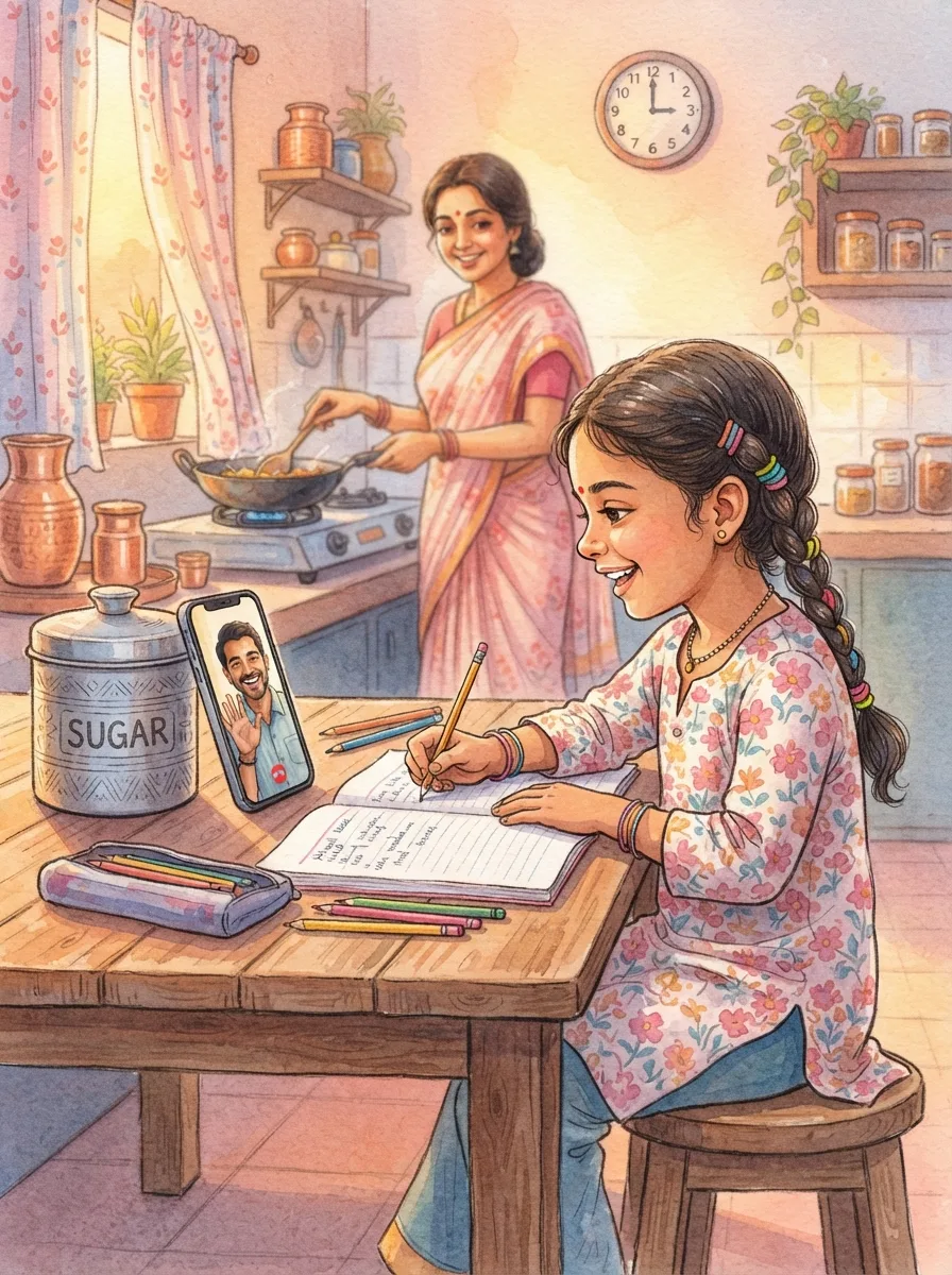 Missing Someone: A phone propped against a steel sugar dabba on a kitchen table