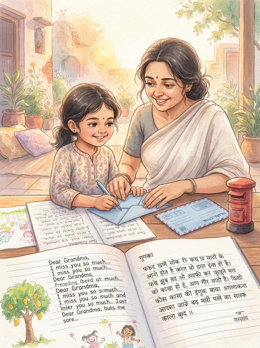 Missing Someone: A lined page covered in a child's handwriting with rubbed out lines
