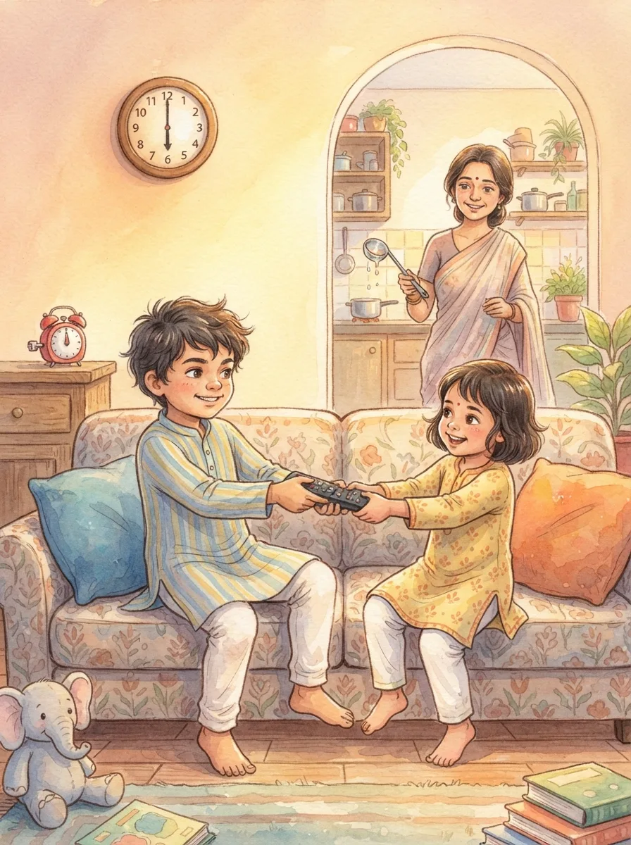 Sibling Squabbles: A television remote gripped by two hands at once