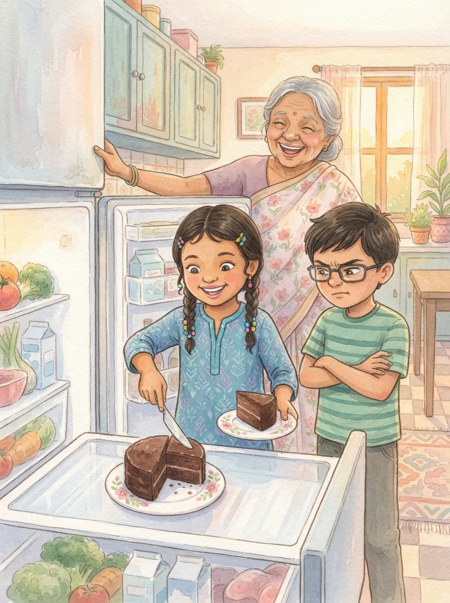 Sibling Squabbles: A single slice of cake on a plate inside a fridge