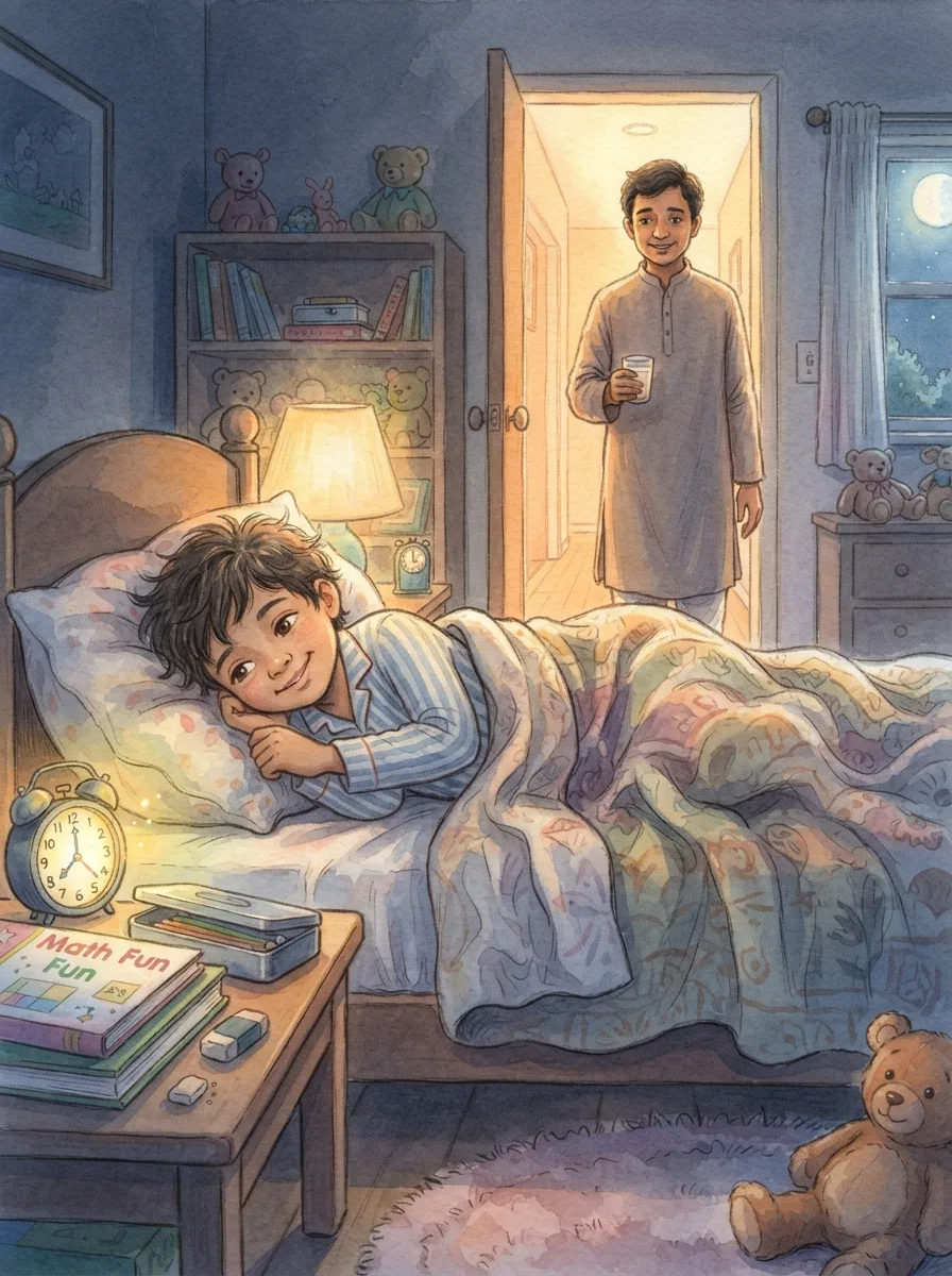 Worry & Calm: A child lying awake in a dark bedroom with a maths book on the table