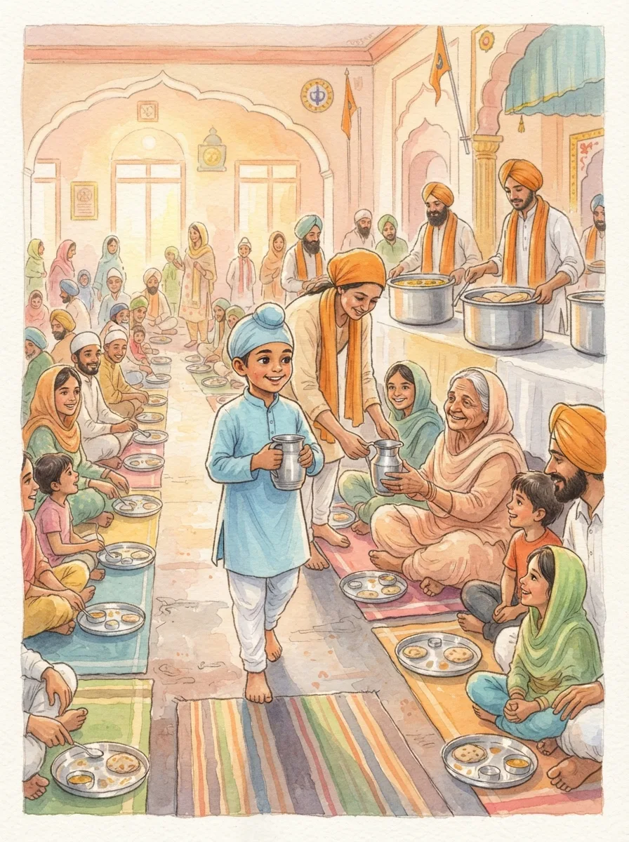 Baisakhi: Long rows of people sitting on mats in a langar hall