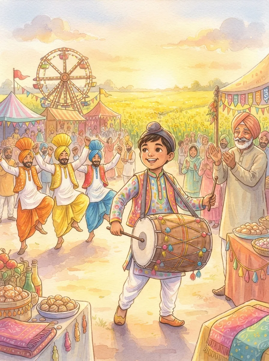Baisakhi: A child with dhol sticks and a big painted dhol