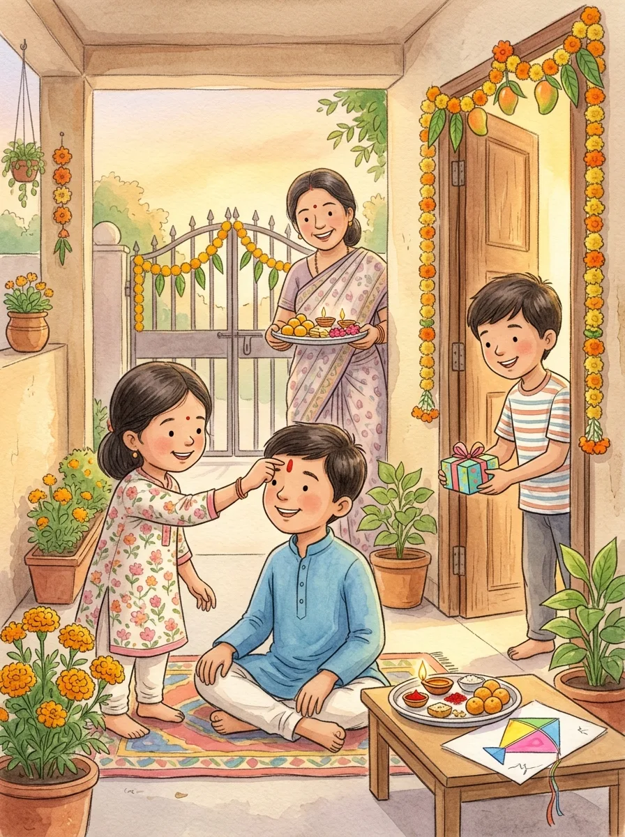 Bhai Dooj: A neighbour boy at the door with a small wrapped gift