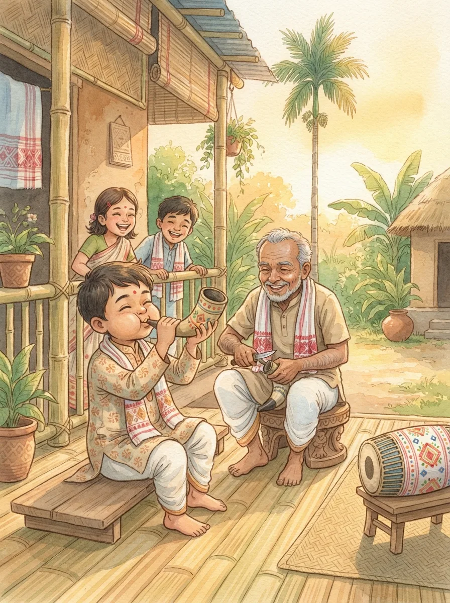 Bihu: A grandfather carving a buffalo horn pepa on a bamboo veranda