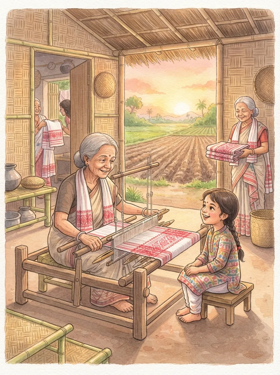 Bihu: A grandmother at a wooden loom weaving red and white cloth