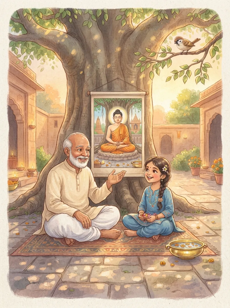 Buddha Purnima: A grandfather and child sitting under a large peepal tree