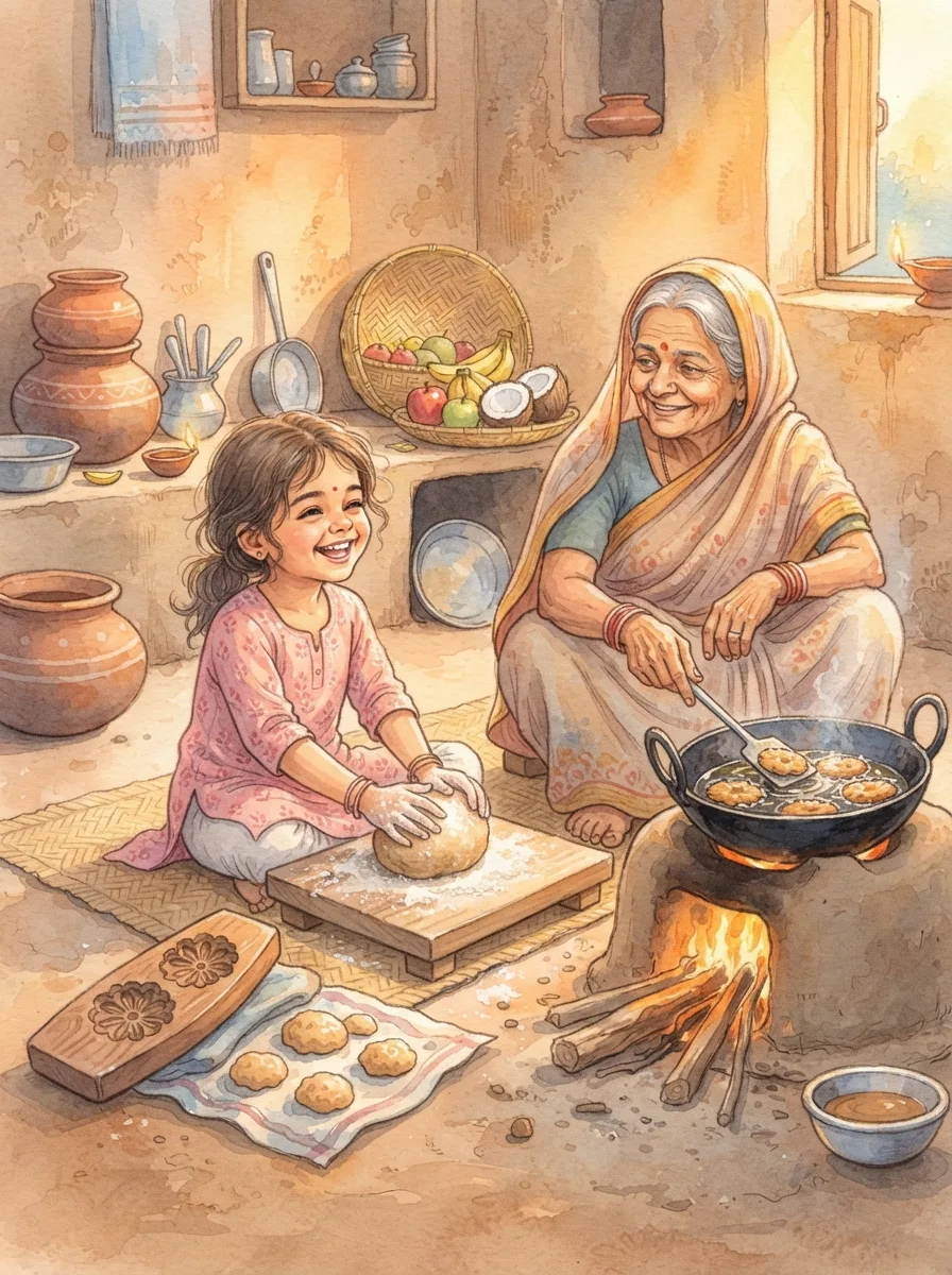 Chhath Puja: A grandmother frying thekua in a black kadai