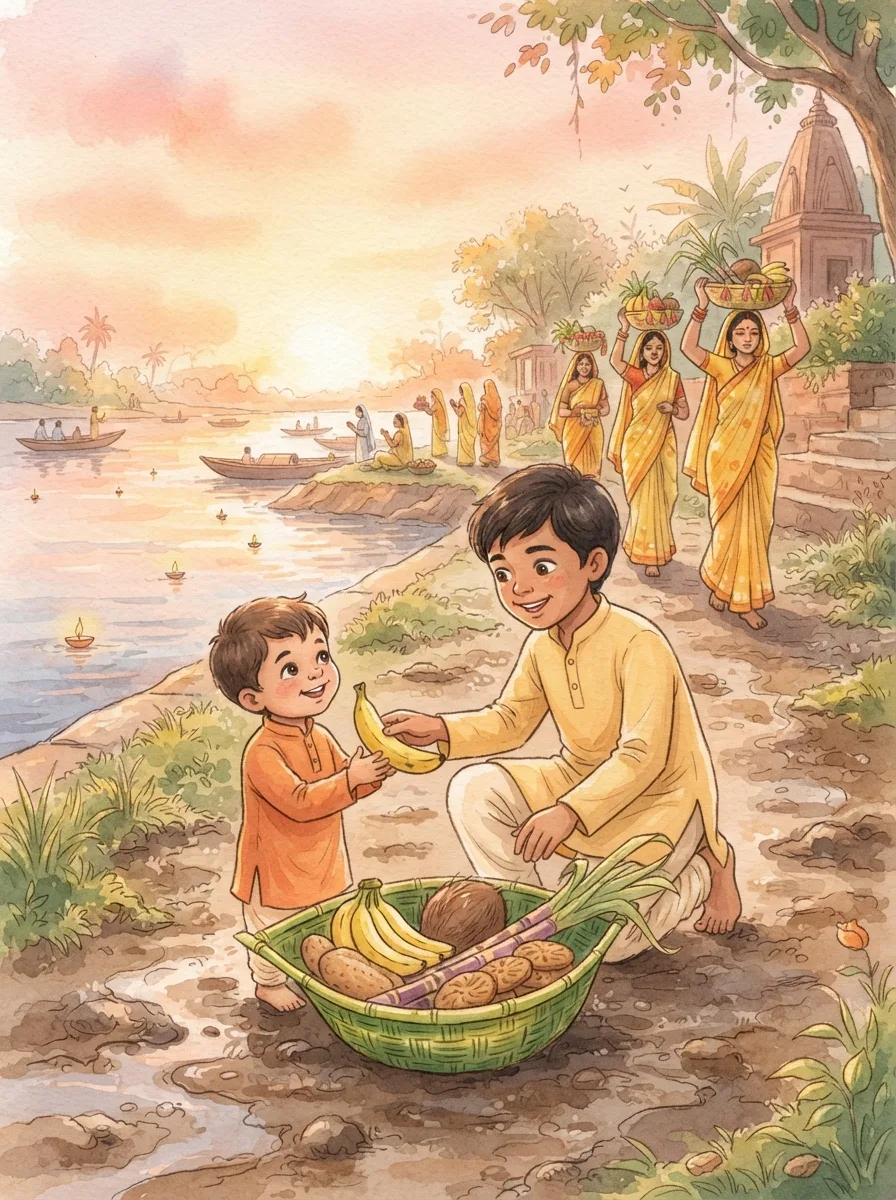 Chhath Puja: A bamboo soop heaped with bananas coconut sugarcane and thekua