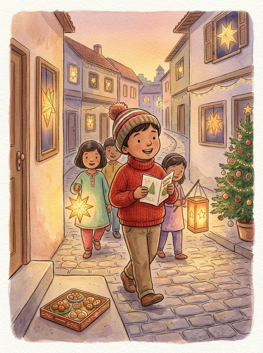 Christmas: Carol singers with paper lanterns walking down a lane at night