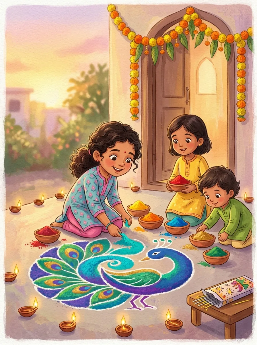 Diwali: A large peacock rangoli in bright powders