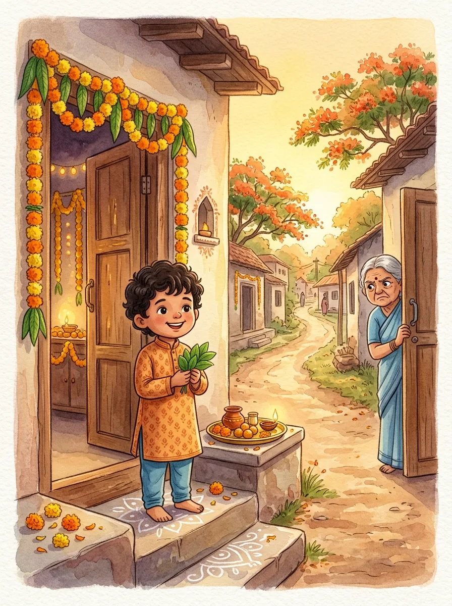 Dussehra: A child holding a handful of green shami leaves