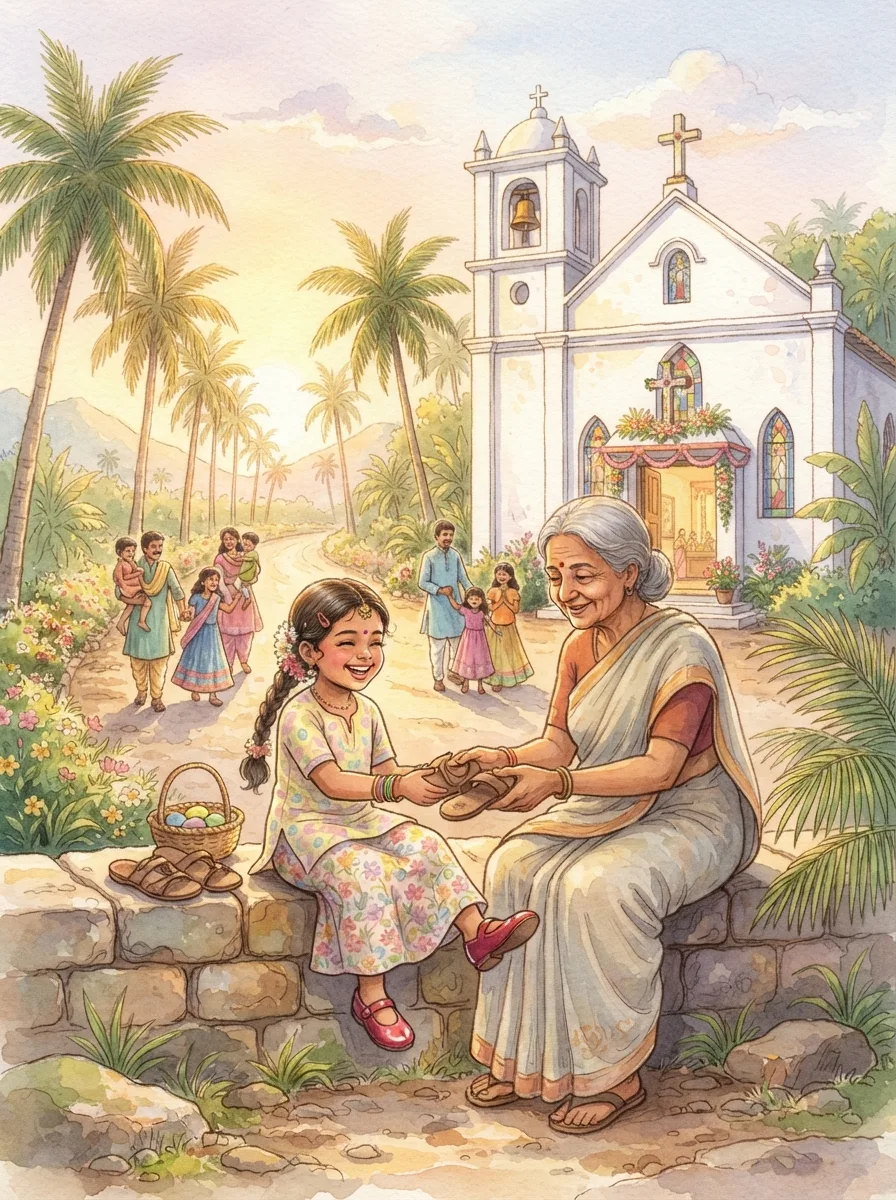 Easter: A white church with a bell tower by a palm-lined road