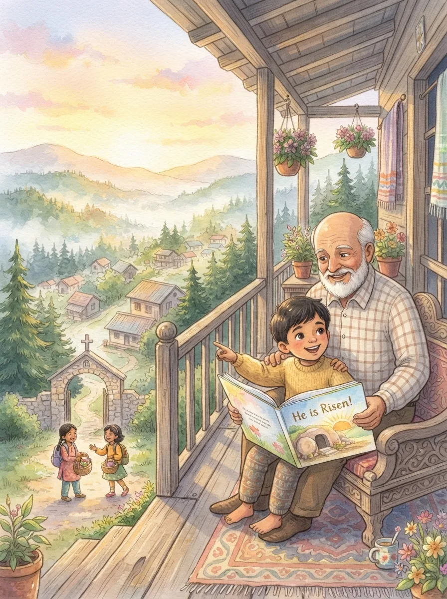 Easter: A wooden veranda in a hill town with pine trees