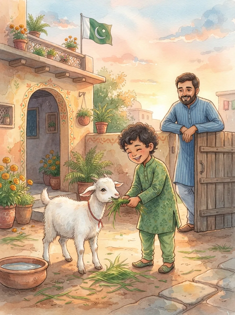 Eid ul-Adha: A small white goat with a red thread round its neck