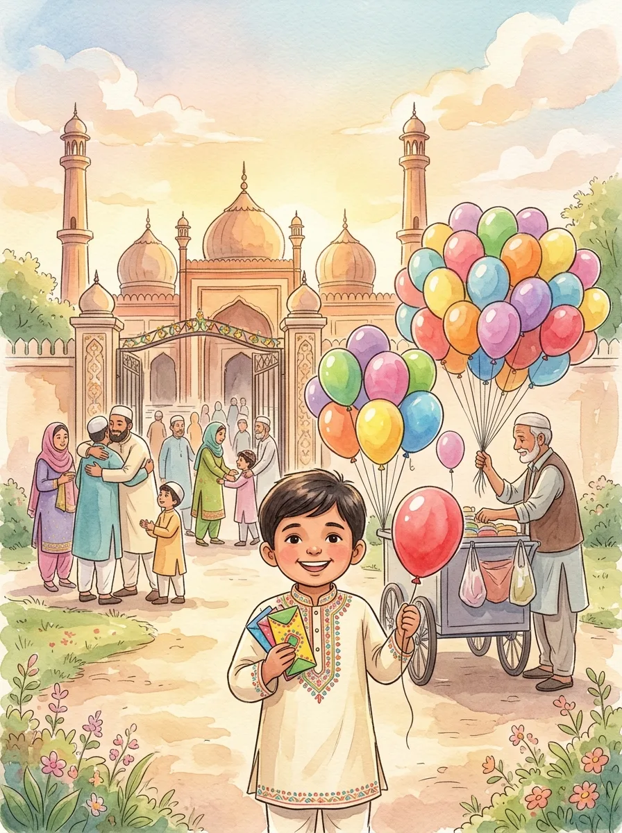 Eid ul-Fitr: A child in a new embroidered kurta with envelopes of Eidi