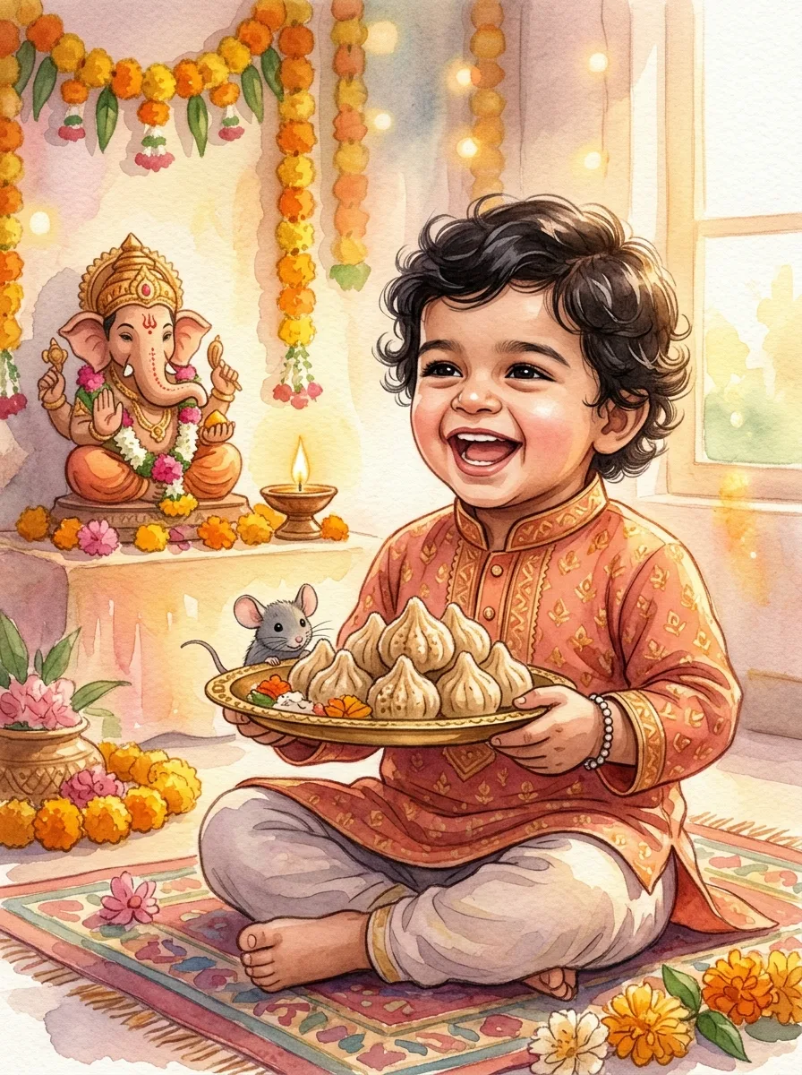 A laughing child in a festive kurta holding a plate of modaks with a tiny mouse peeking out