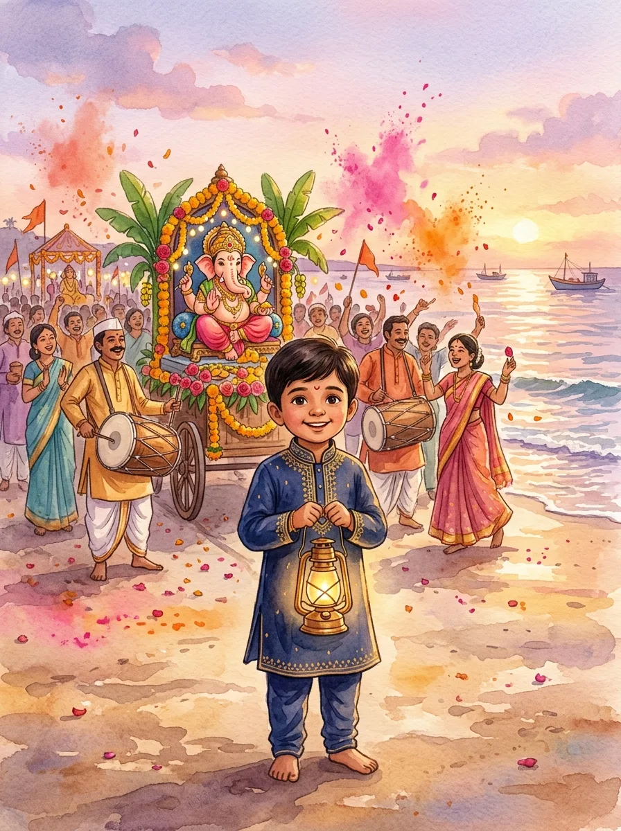 A child holding a lantern at a seaside Ganesh visarjan procession with drummers at dusk