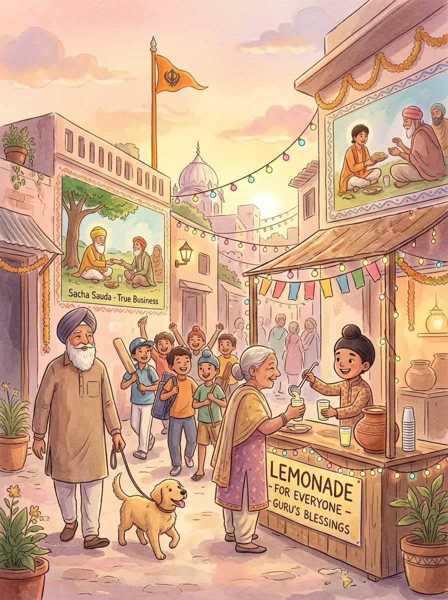 Guru Nanak Jayanti: A child at a lemonade stall on a lane decorated with lights